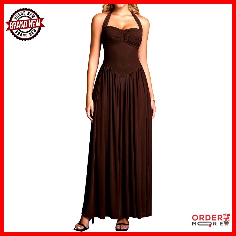 Elegant Halter Neck Corset Maxi Dress Backless Formal Evening Gown Wedding Guest